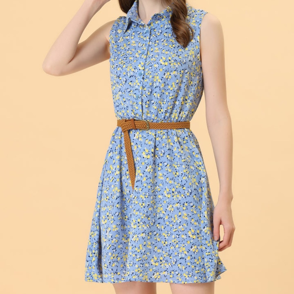 Womens Allegra K Button Down Blue Flower floral sun Dress Size XS extra small